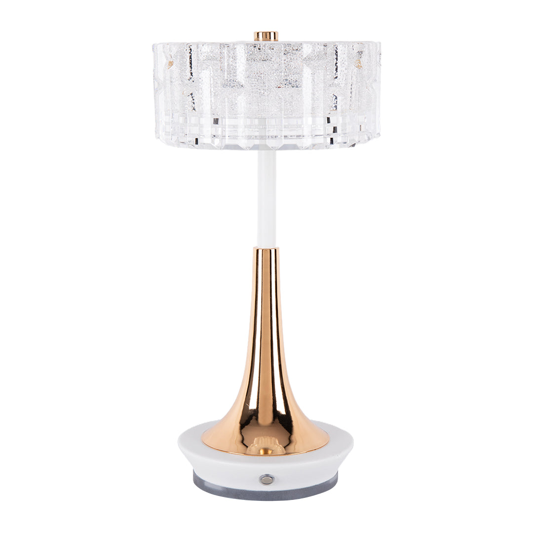 Full studio shot of a white and gold cordless mushroom table lamp with a clear acrylic and crystal shade. 