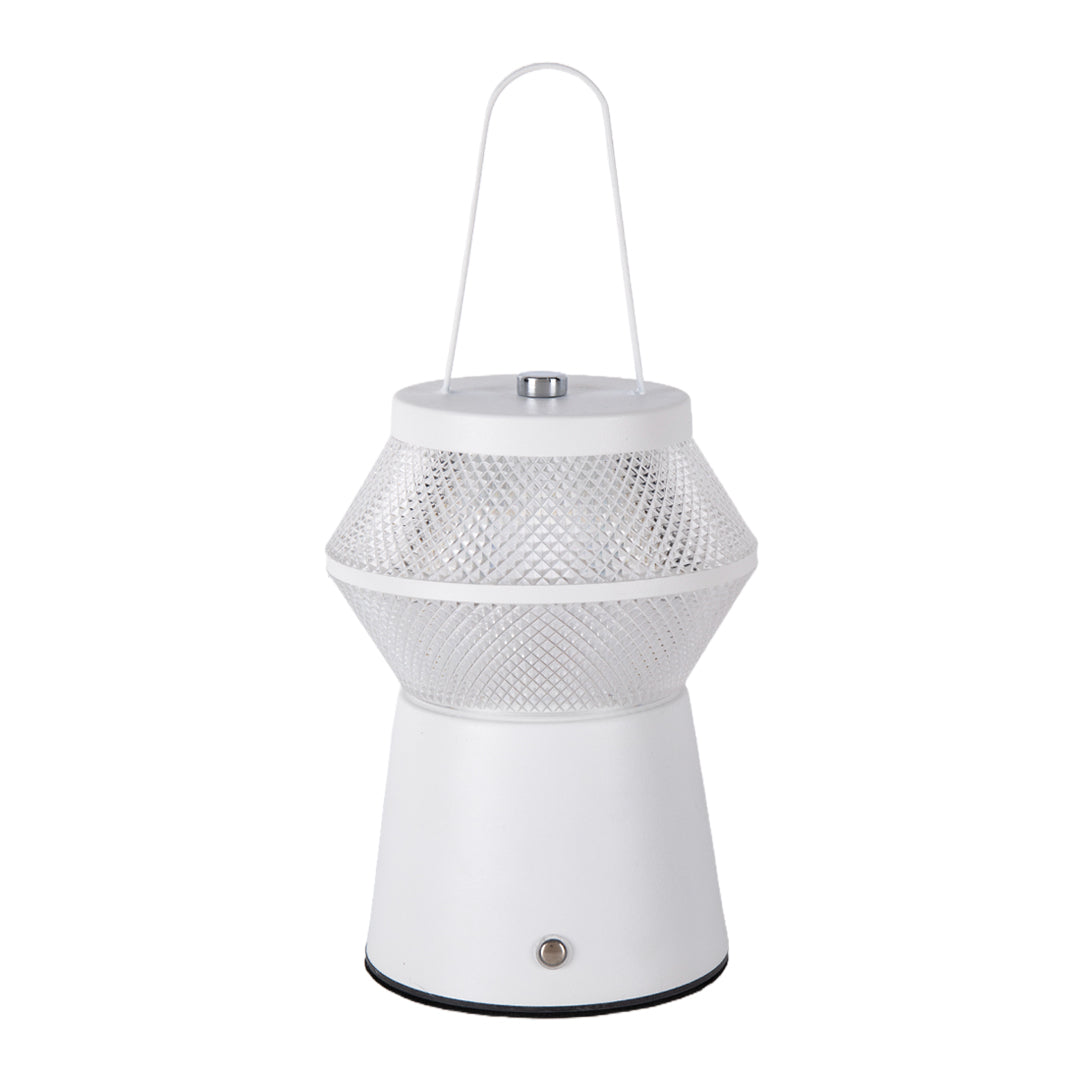 Clean studio shot of the white base led outdoor solar lantern showcasing the delicate mesh globe and handle. 
