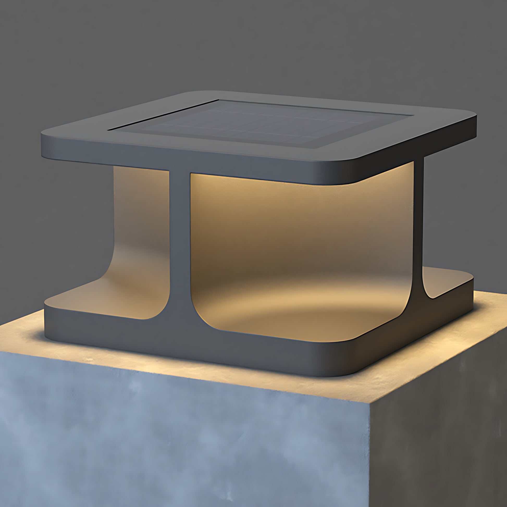 Studio shot of square concrete rechargeable table lamp showing clean pillar design details