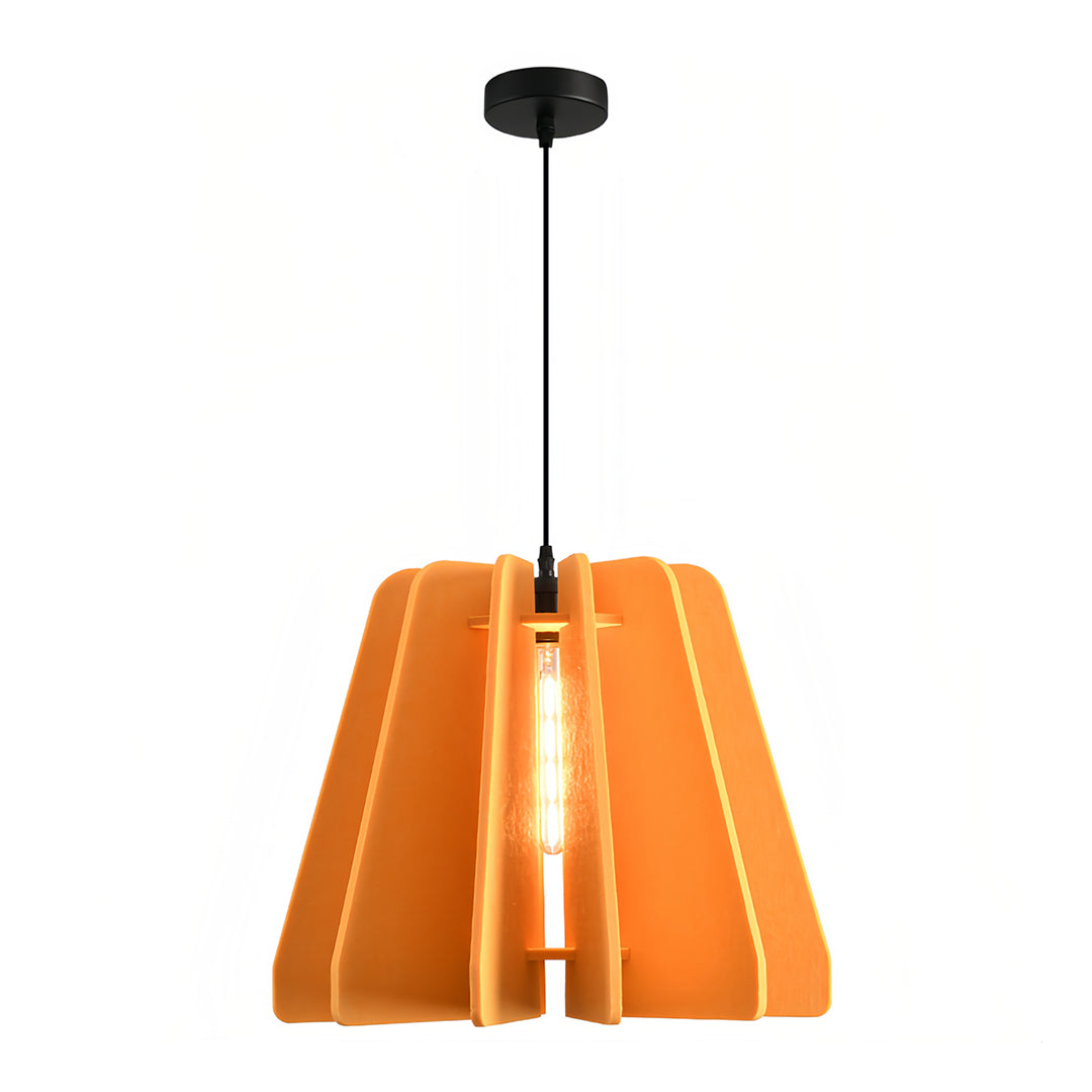 Studio shot of a vibrant orange felt 1 light single pendant lamp with a vintage Edison-style bulb.