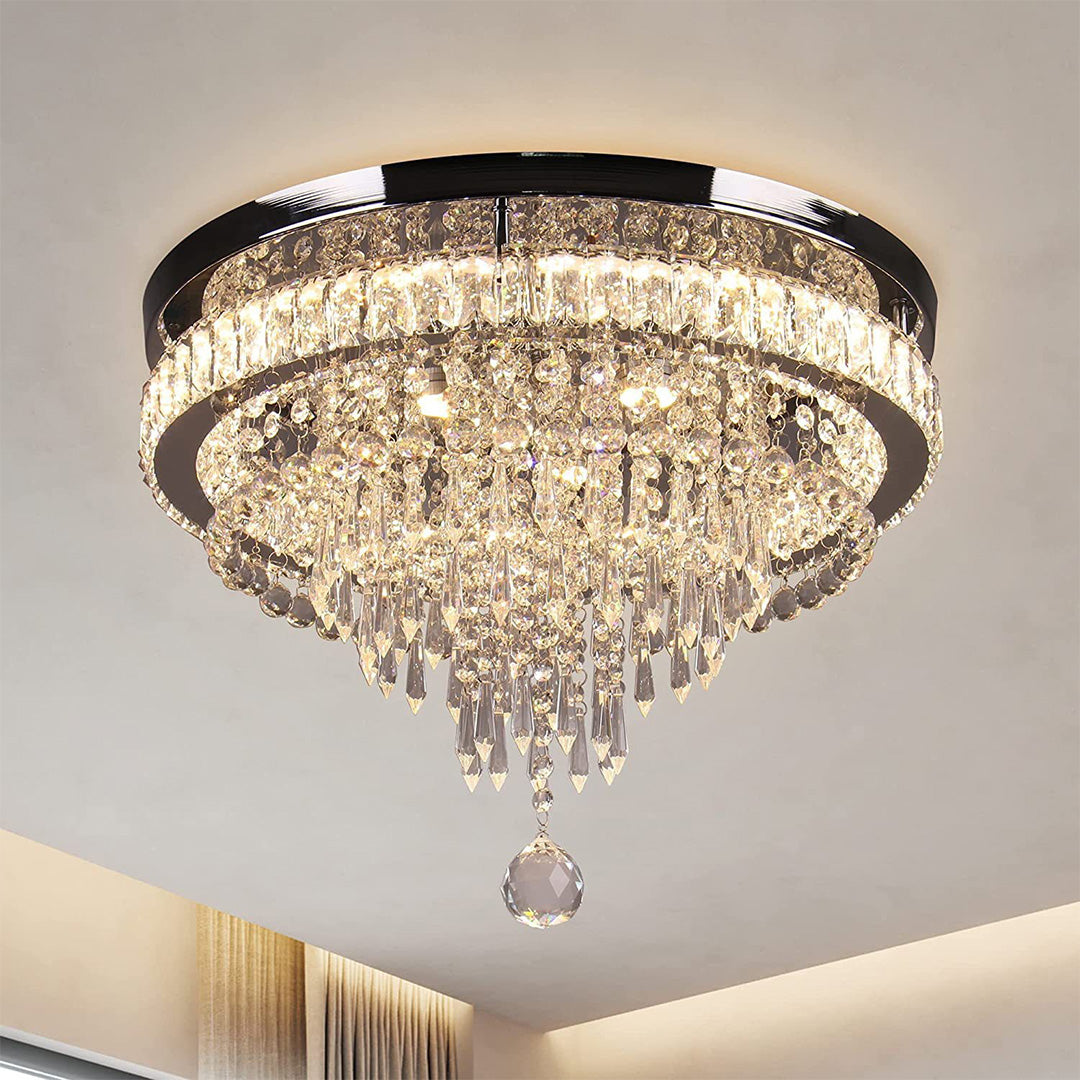 Stunning gold flush mount light illuminated showing warm crystal lighting in modern ceiling installation