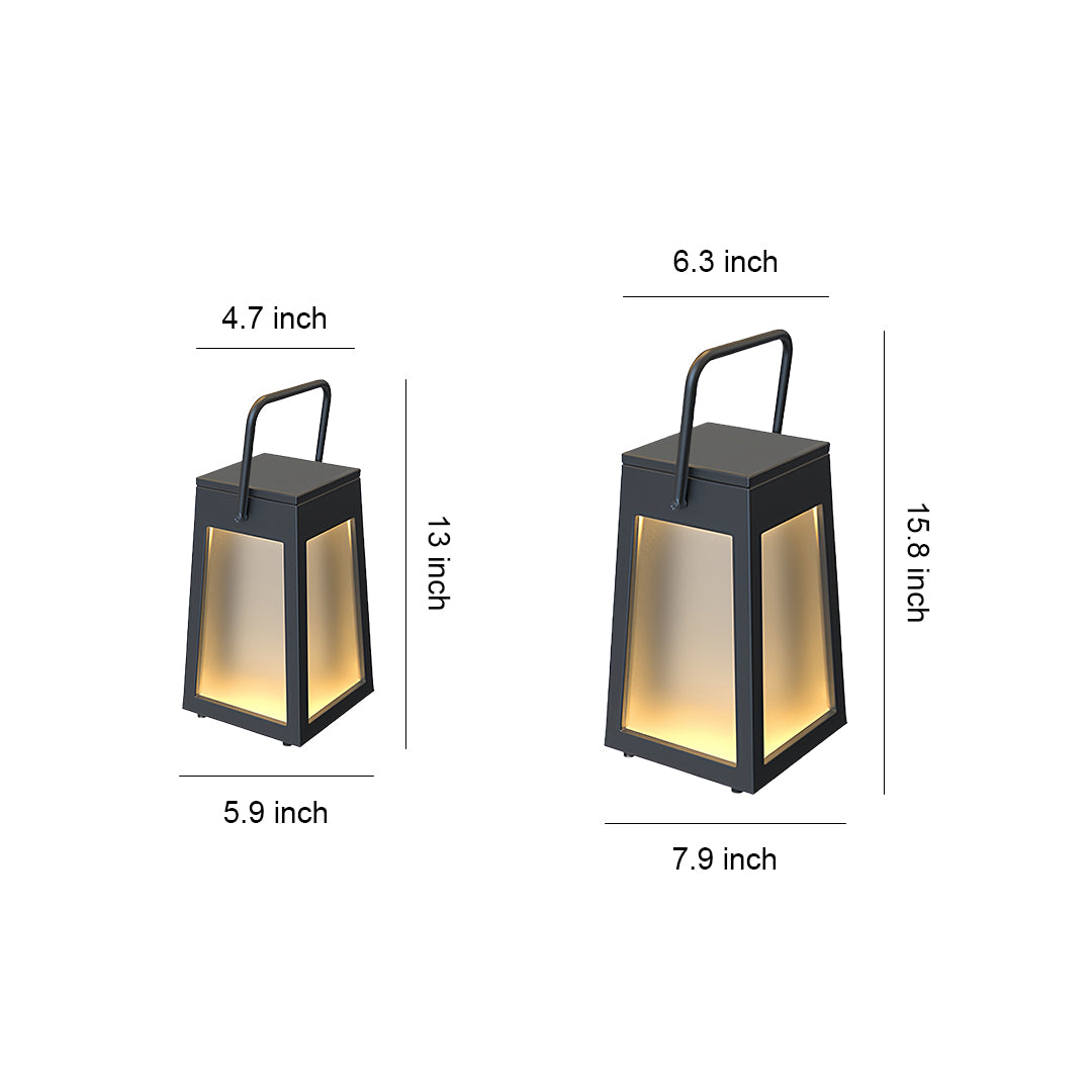 Camping lantern fixture with a sturdy black metal frame and warm LED light, suitable for table-top or hanging use.