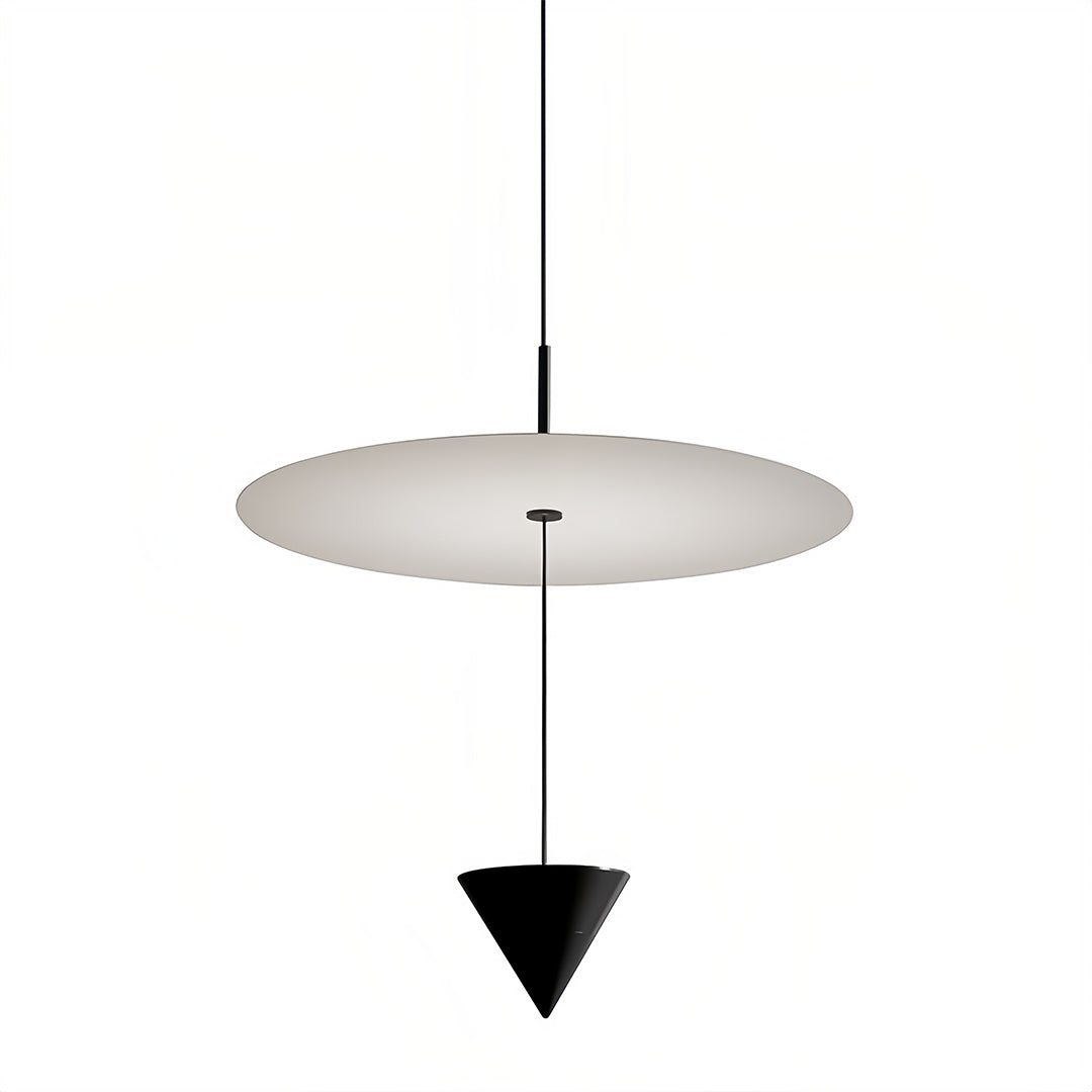 Stylish 1 light pendant combining white circular top with black triangular bottom in balanced design
