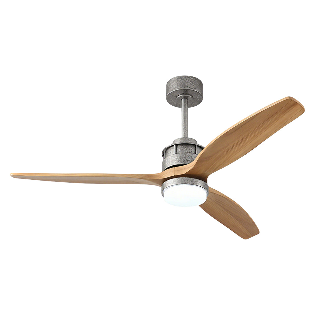 Stylish wooden 3-blade ceiling fans with light in brushed nickel with warm wood grain blades