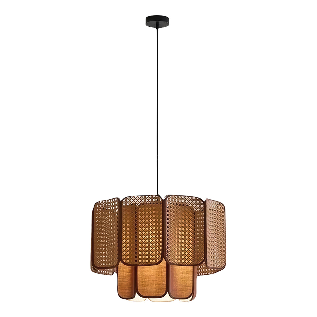 Stylish bamboo pendant light fixture in a trendy cafe, providing soft, ambient lighting for the space.