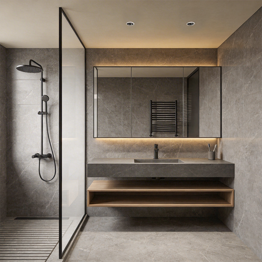 Stylish bathroom with inset ceiling spotlights designed to enhance the ambiance.