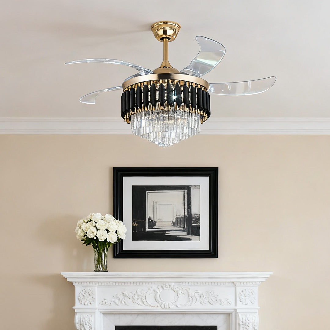 Stylish black ceiling fans with light illuminating a bright bedroom with large windows 