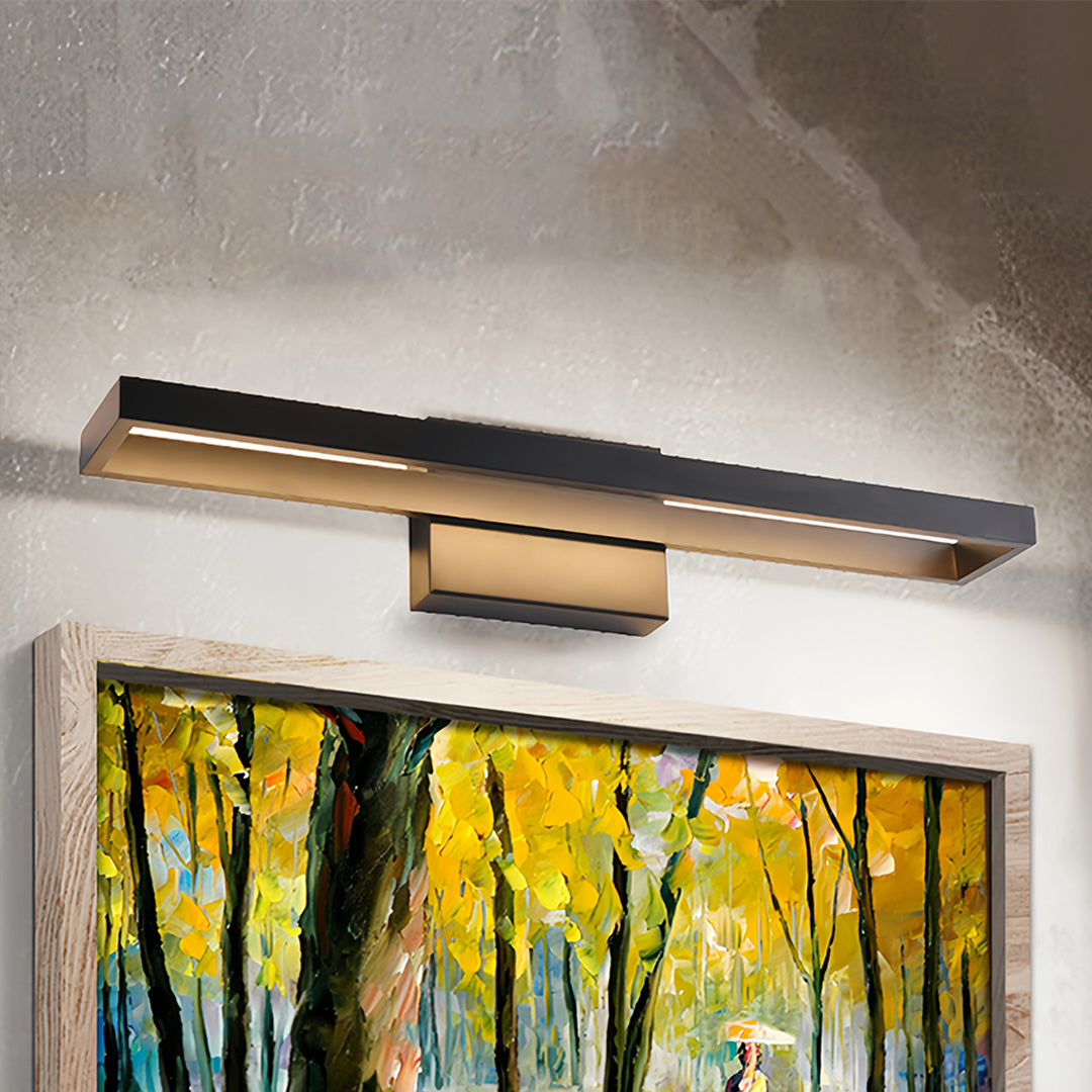 Stylish black vanity bathroom light with warm LED glow complementing contemporary interior decor