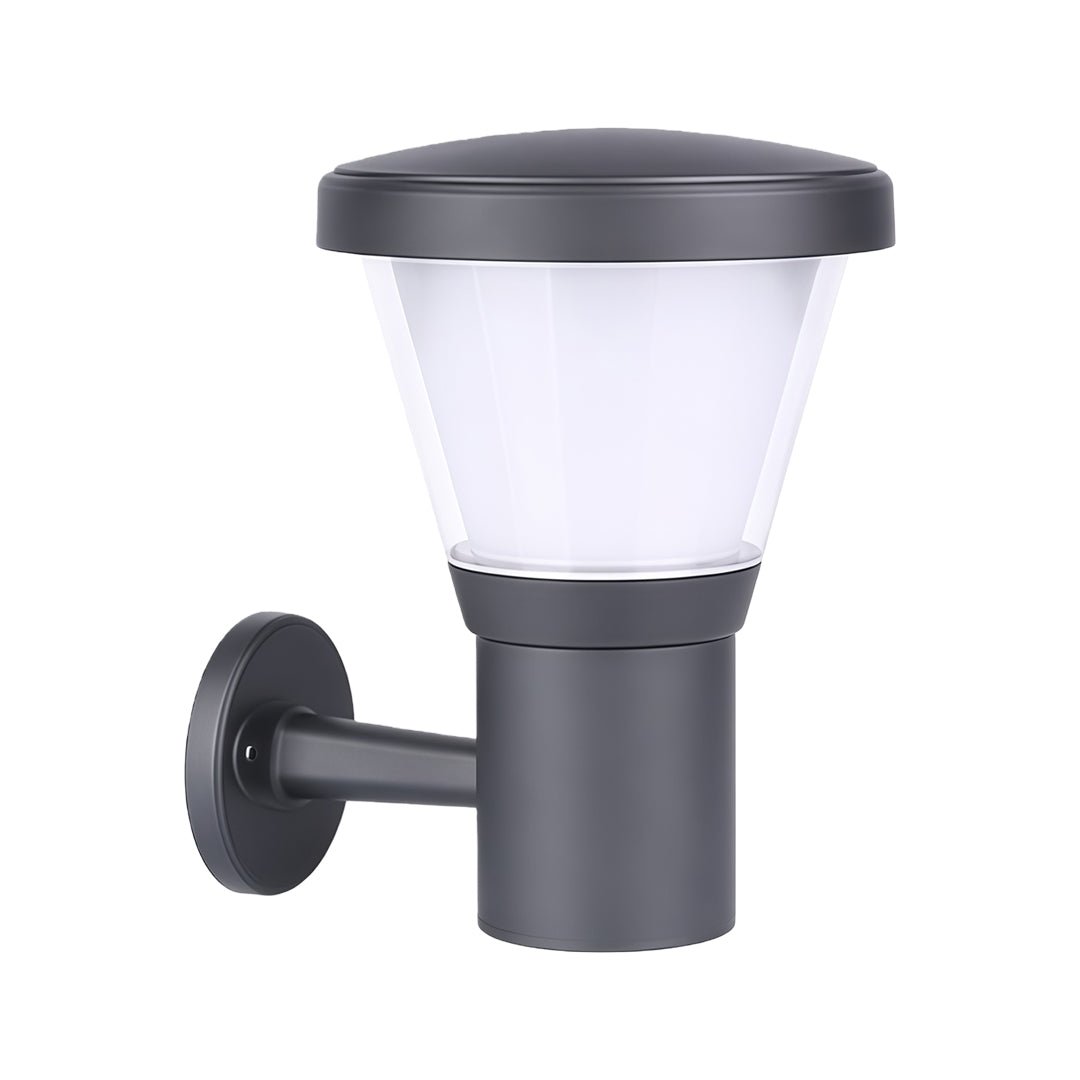 Stylish black wall light with warm light, placed next to a gate, enhancing outdoor ambiance.