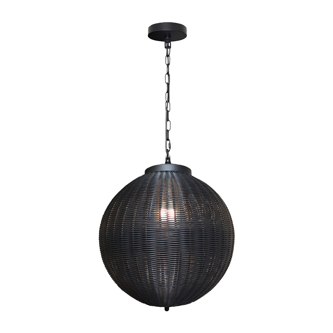 Stylish black woven pendant lights hanging above a dining table, creating an inviting atmosphere for meals.