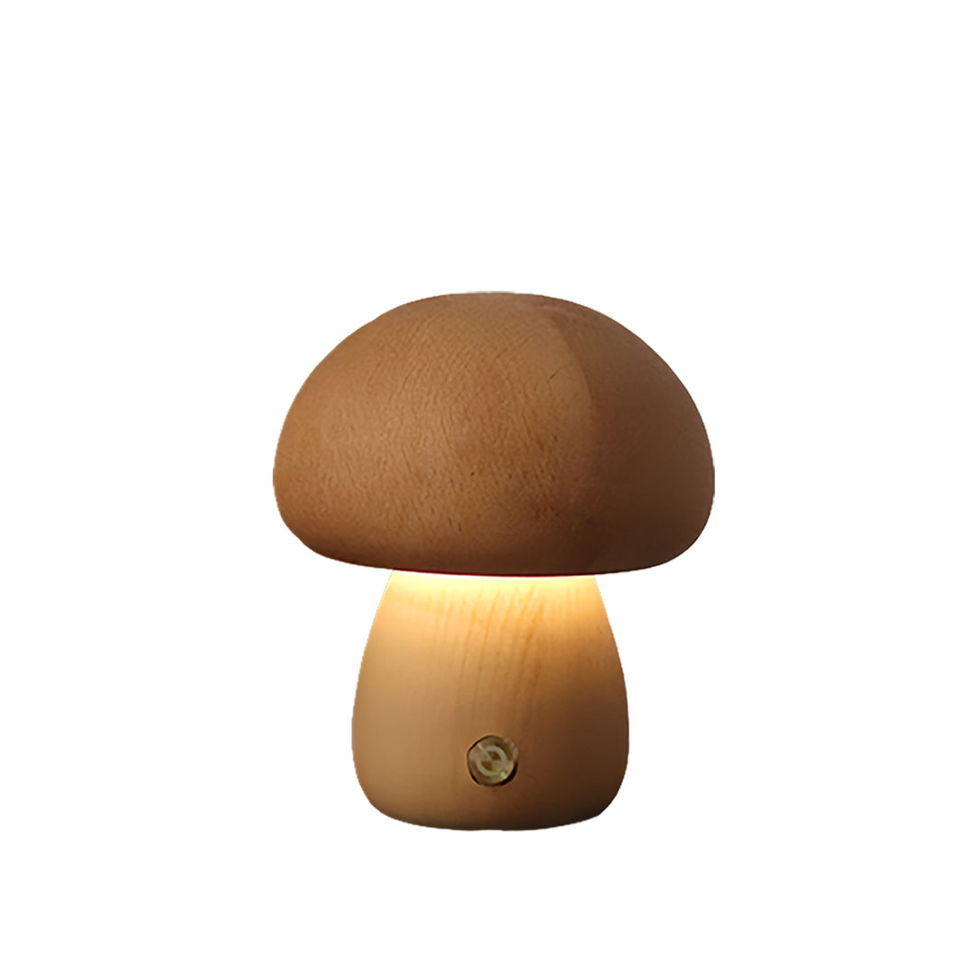 Stylish mushroom lamp with smooth brown cap and glowing cream-colored base column