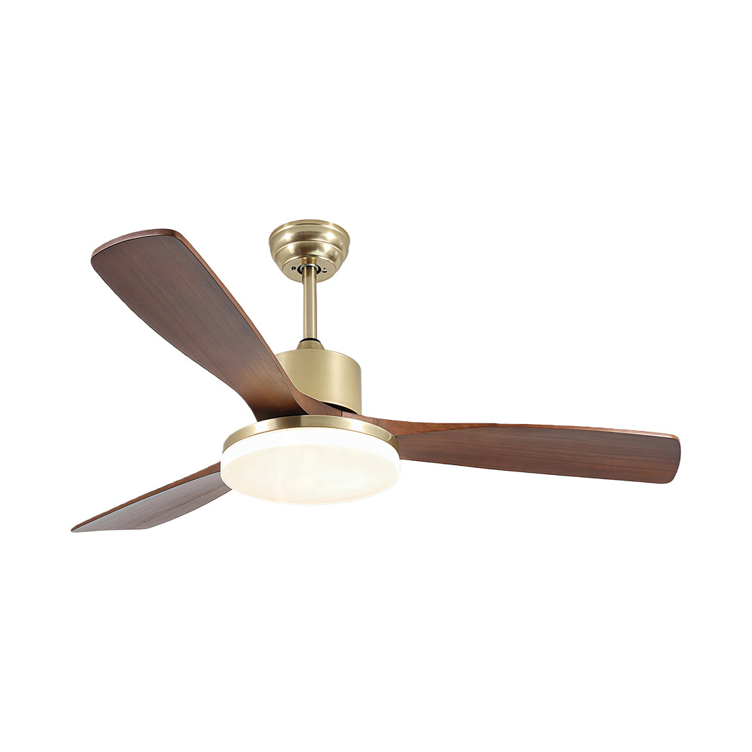 Stylish ceiling fan with light and remote control, installed in a cozy living room with wooden accents.