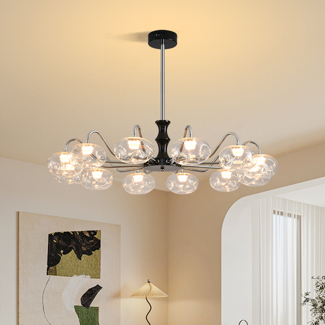 Stylish art glass chandelier creating stunning focal point in contemporary living space with multiple glass elements