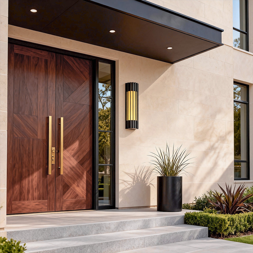 Stylish copper outdoor wall lights enhancing a contemporary home entrance with soft, inviting ambient lighting.