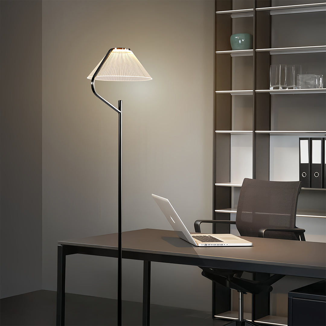 Stylish craft floor lamp with a white fabric shade in a contemporary office setting
