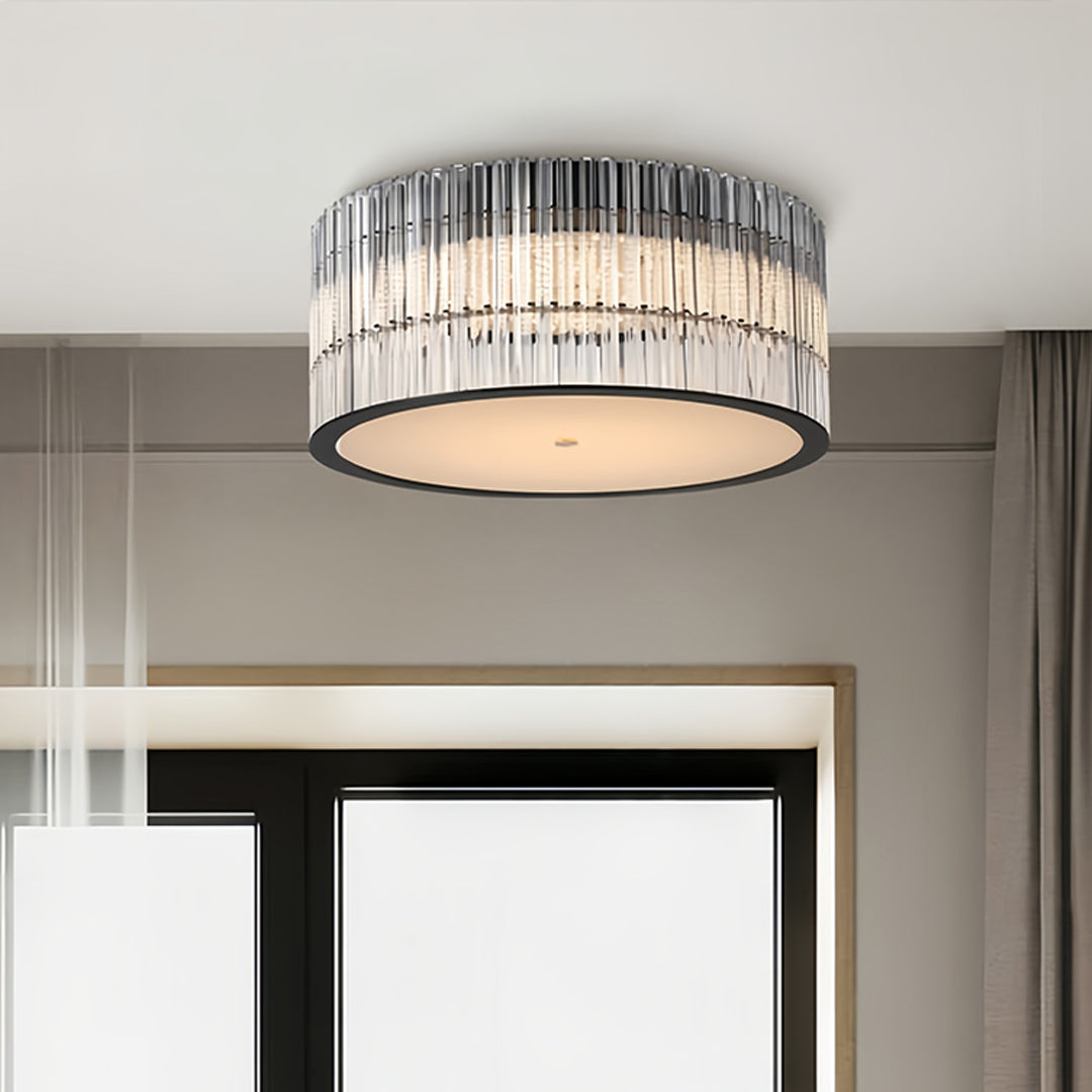Stylish crystal flush mount ceiling lights with a crystal-encrusted frame, illuminating a modern bedroom interior.