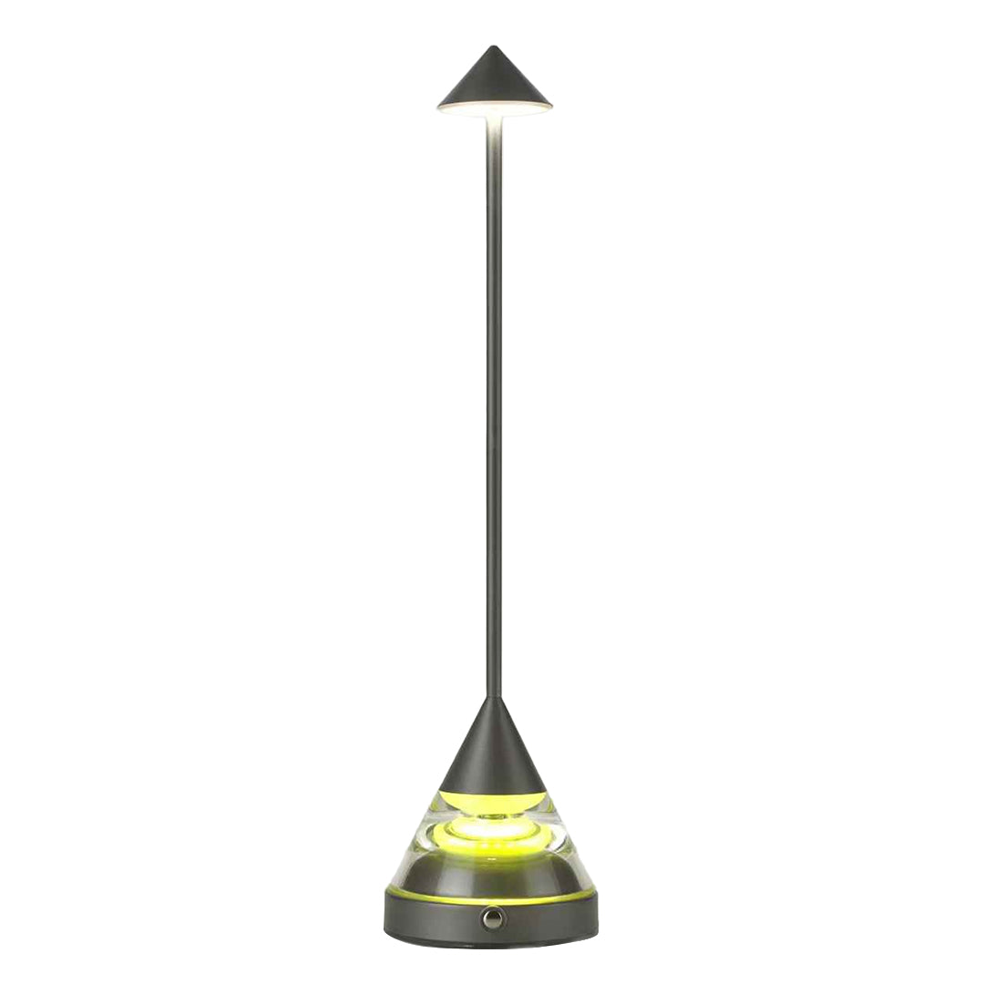 Clean studio shot of a stylish dark grey unique small table lamp with glowing base on white.