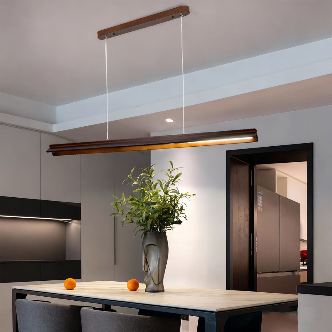 Wood pendant light in a stylish dining room, elegant and linear ceiling fixture