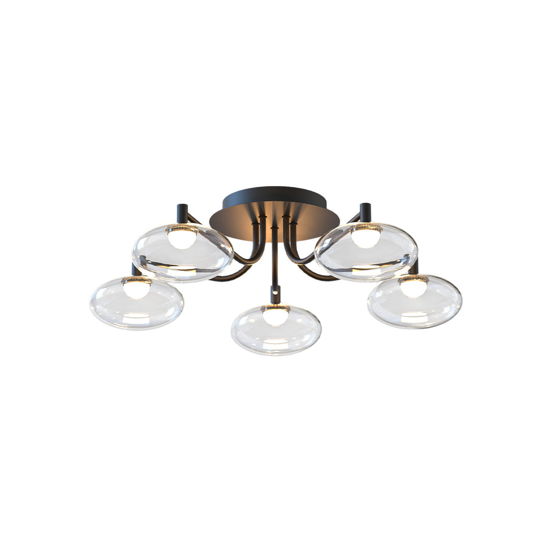 Stylish glass flush mount lighting with symmetrical arrangement of clear glass globes.