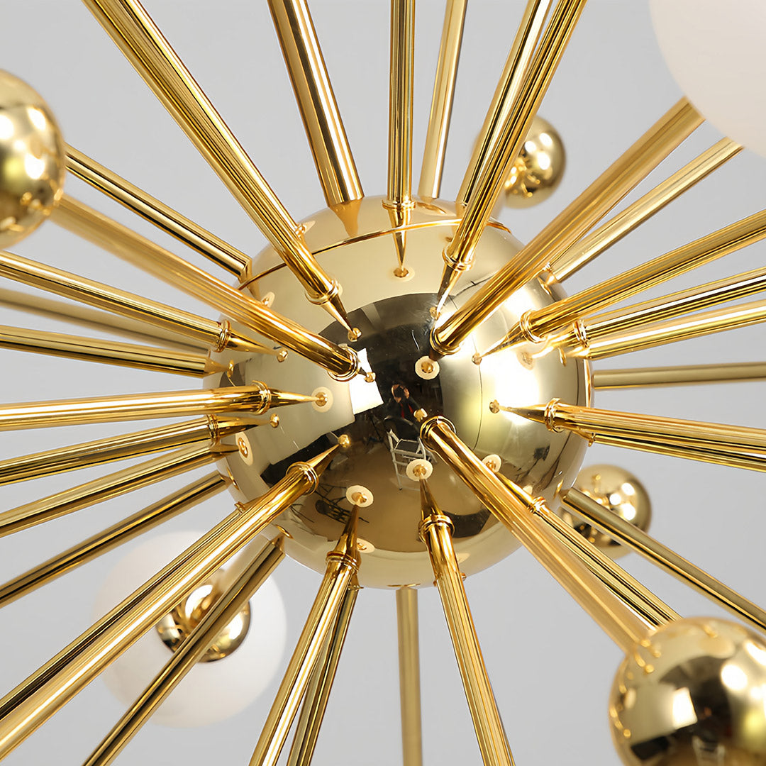 Stylish gold sputnik chandelier with multiple arms and glass bulbs in a cozy interior