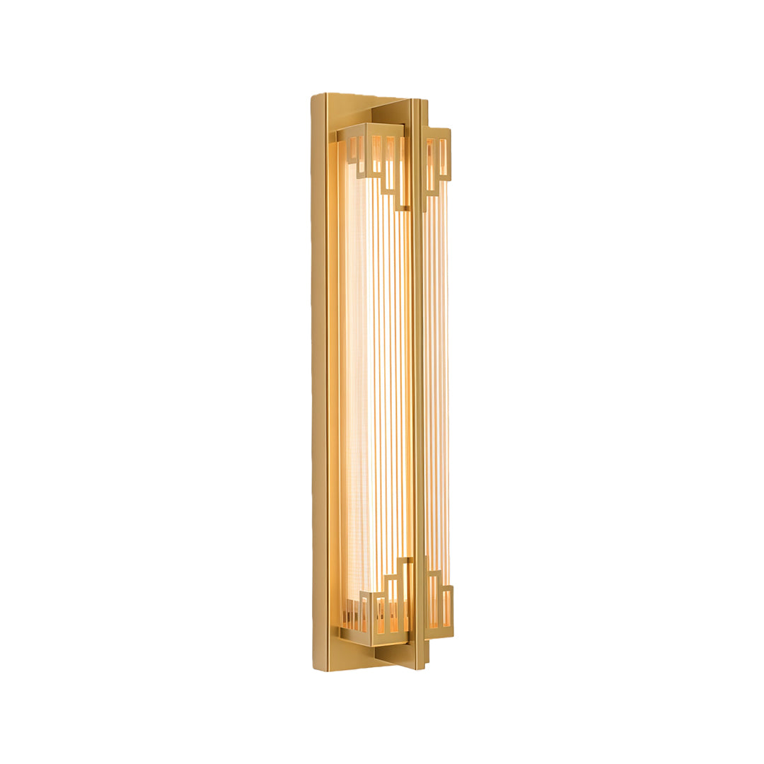 Stylish LED wall light with a golden finish, mounted in a garden setting, creating an elegant ambiance.