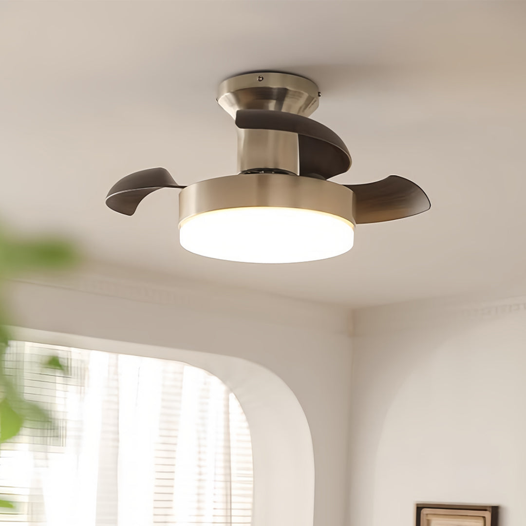 Silver ceiling fan with light in a stylish hallway, warm and inviting indoor fixture