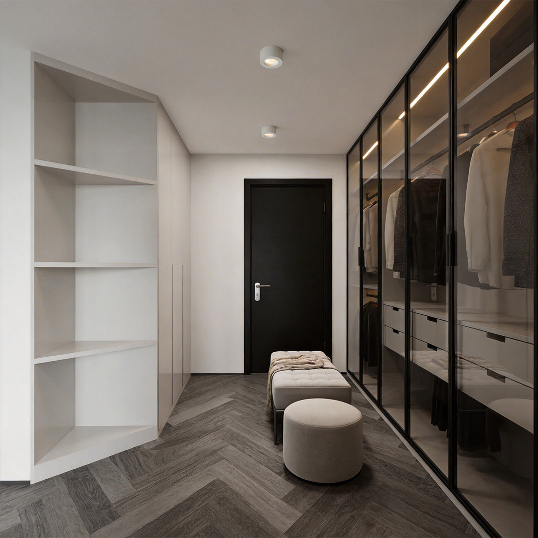 Stylish hallway with surface mounted can lights providing soft and focused lighting.