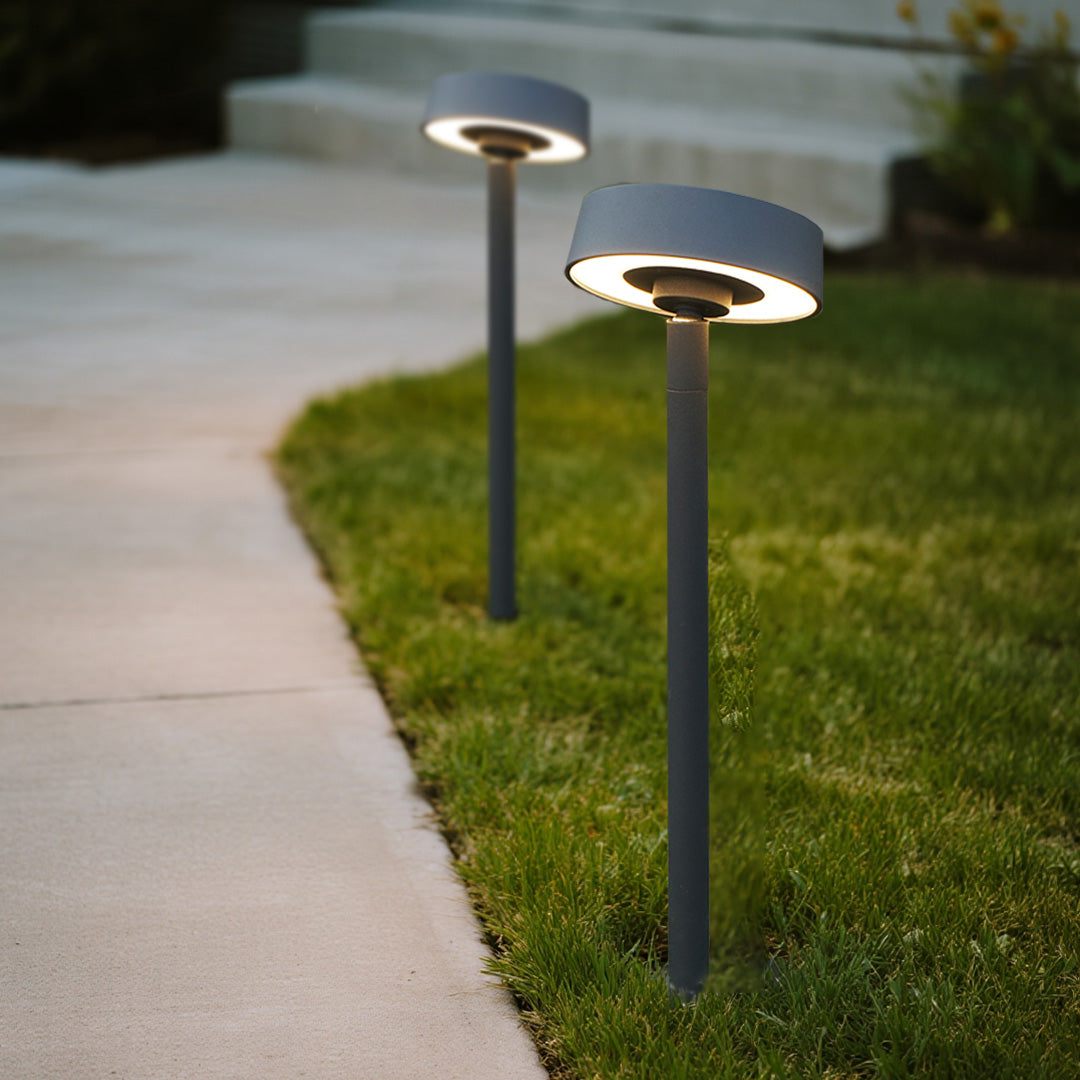 Stylish landscape outdoor lights providing safety and beauty along residential walkway with modern architectural elements