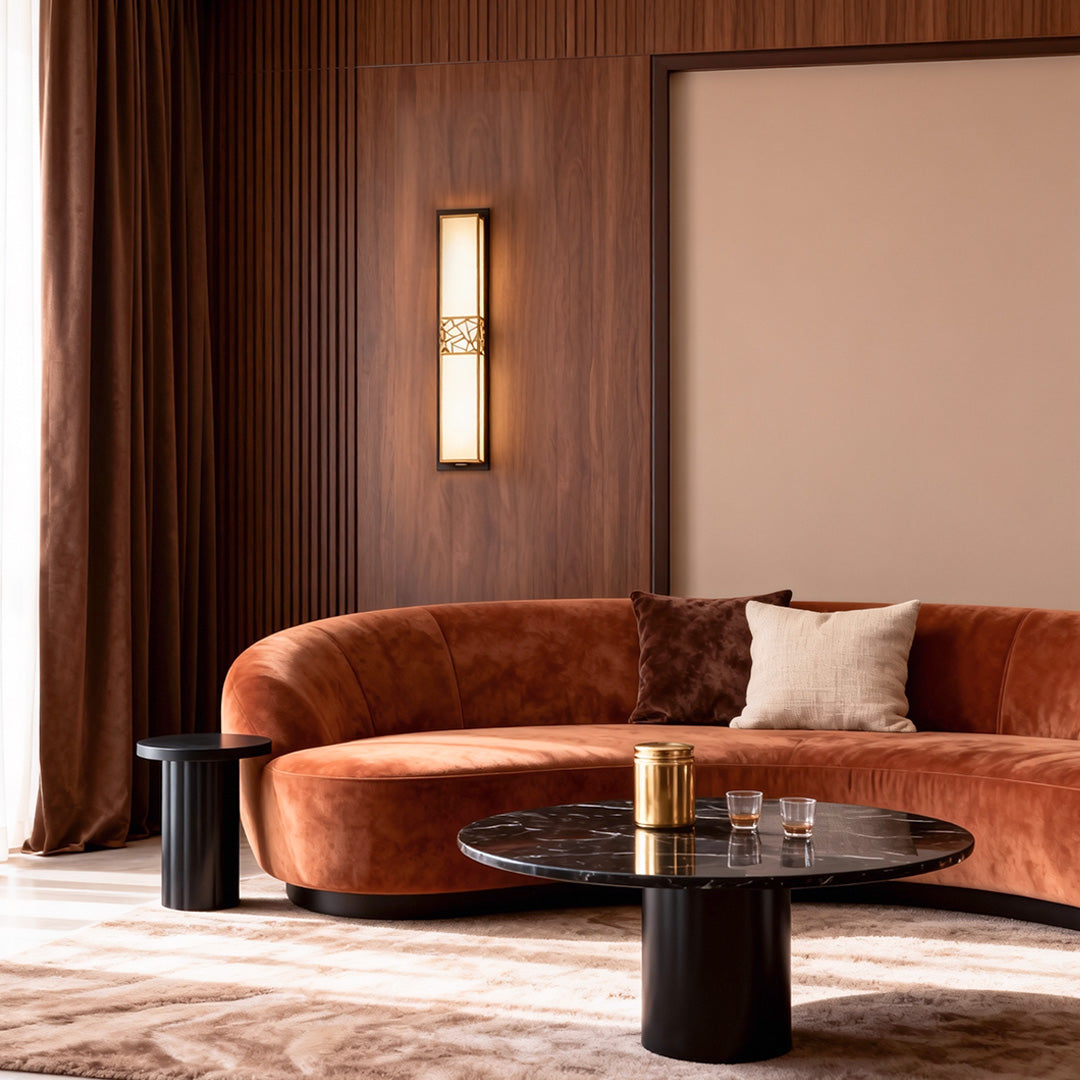 Stylish linear wall lighting in a warm-toned living room, enhancing the space with subtle and inviting illumination.