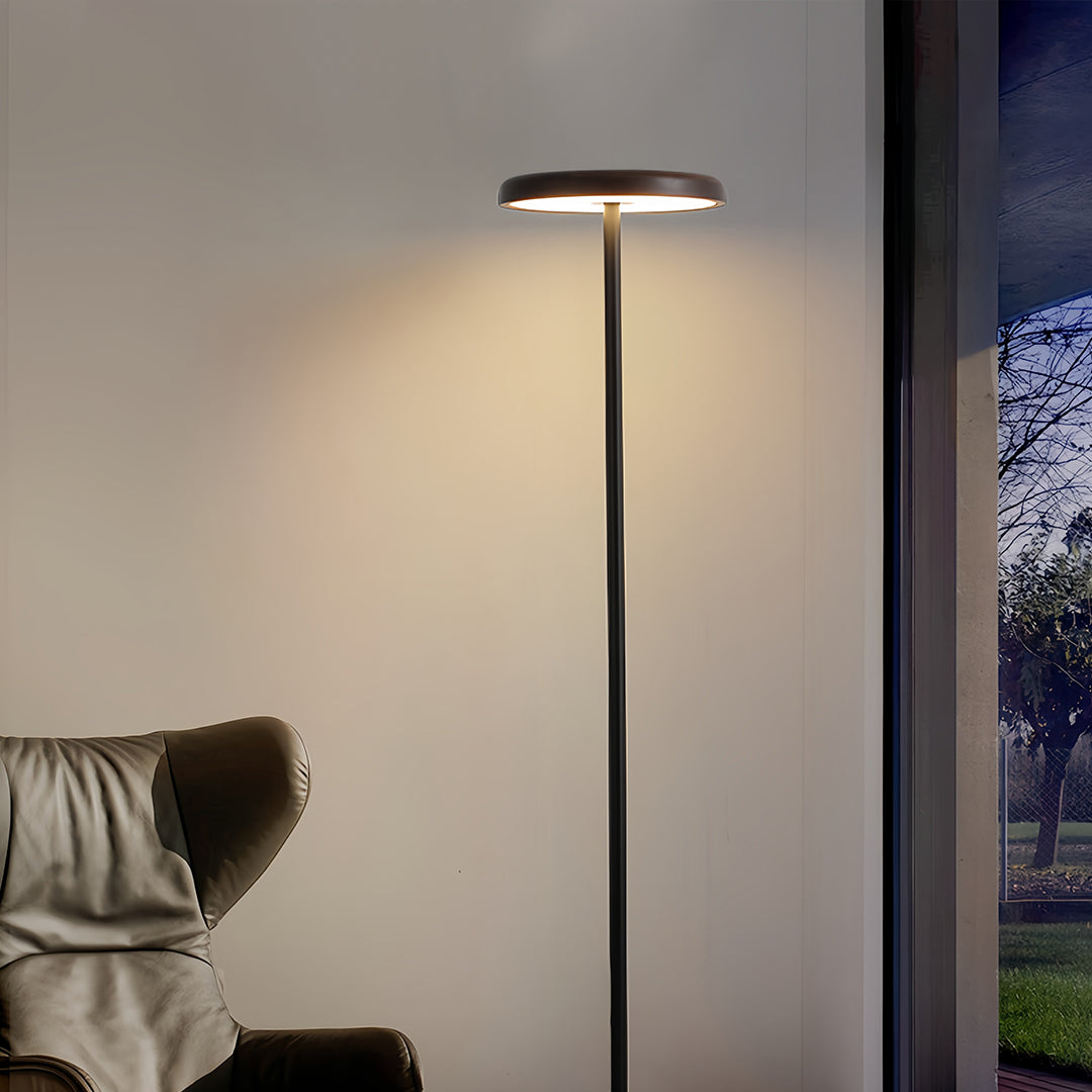 Stylish minimalist floor lamp in contemporary space with gray sofa creating sophisticated lighting atmosphere