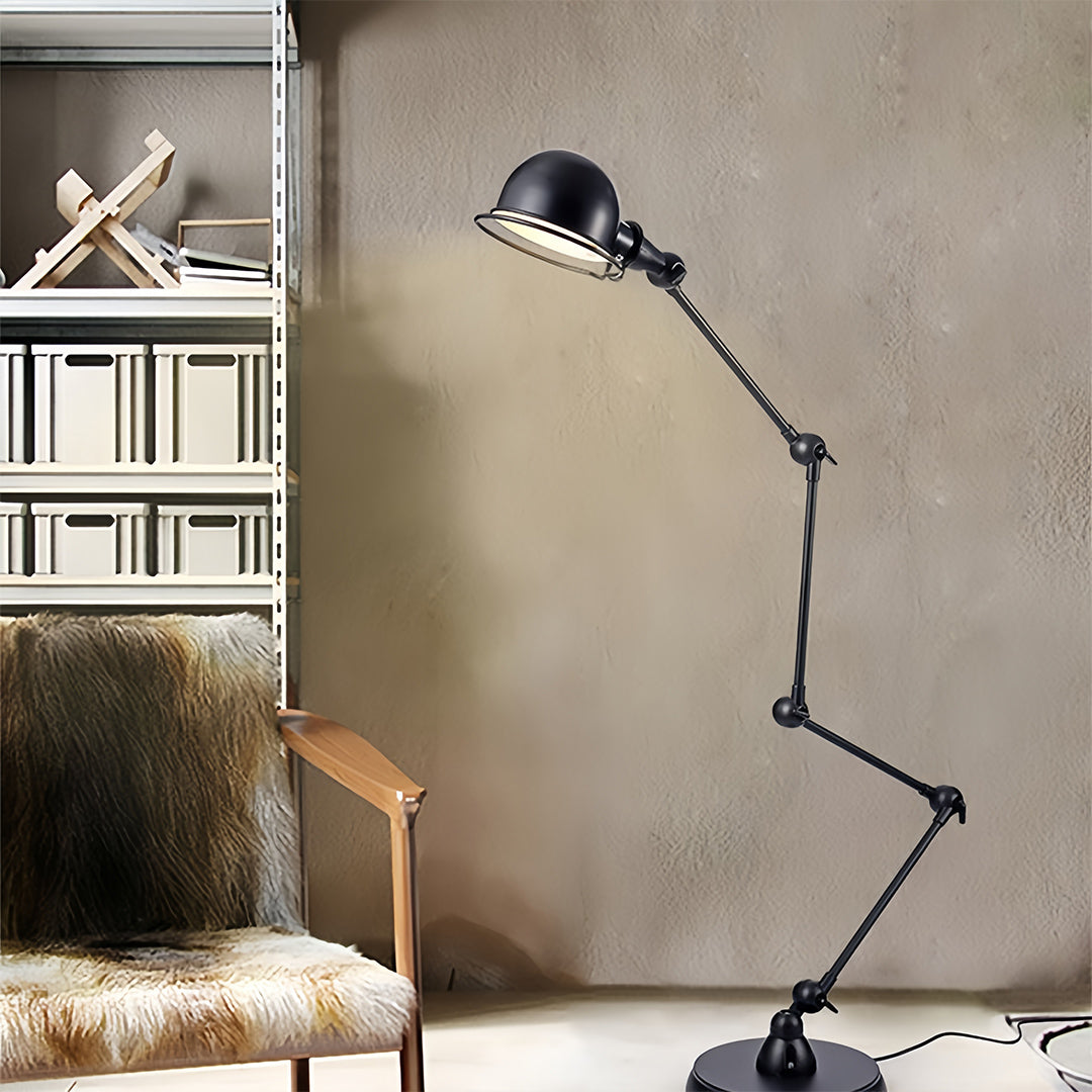 Stylish reading floor lamp for living room with leather chair creating cozy reading nook atmosphere