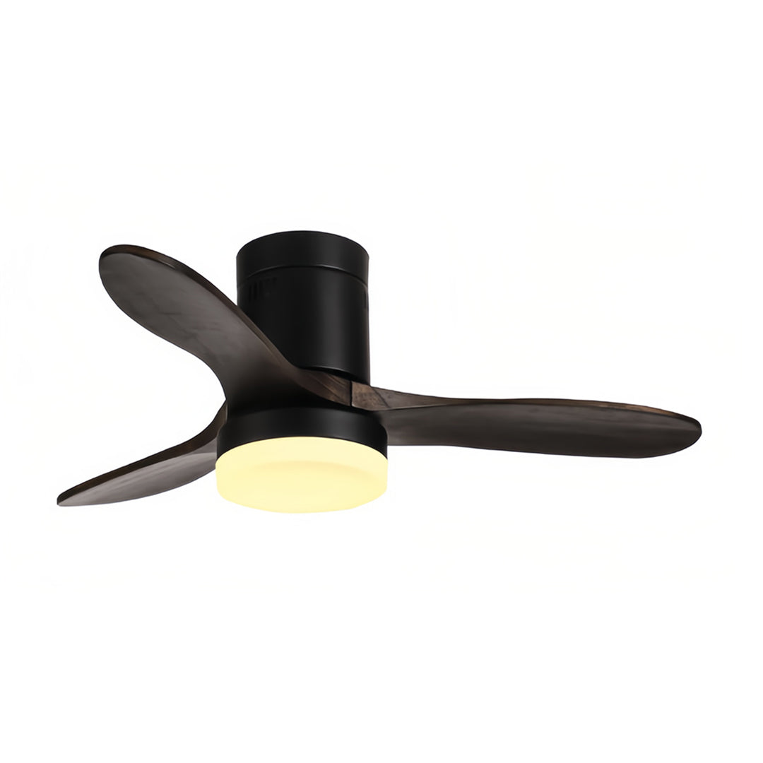 Stylish three blade wooden ceiling fan with light showing integrated LED lighting in black housing