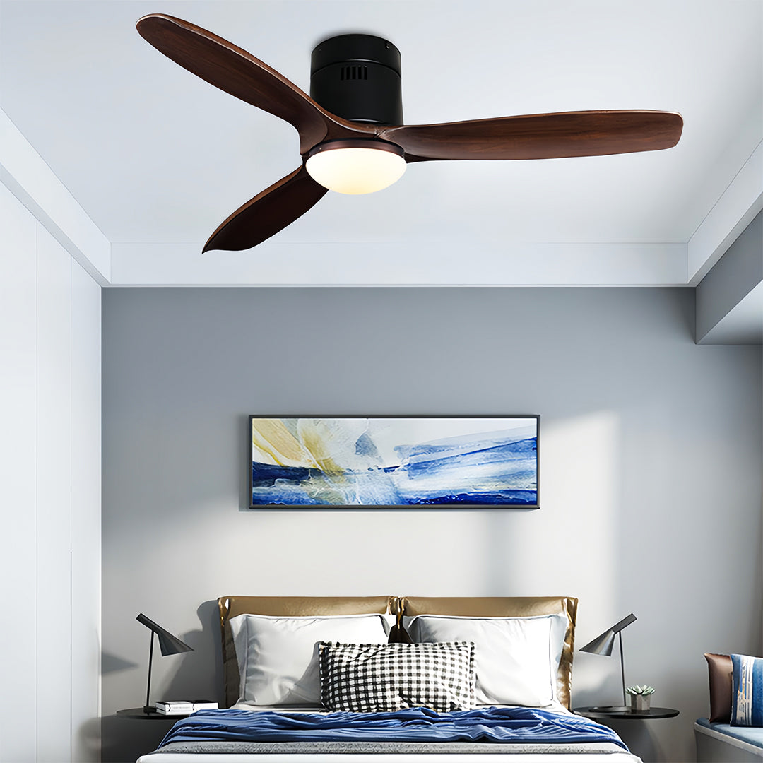 Stylish wooden ceiling fans with light in bedroom featuring dark motor and wood blades