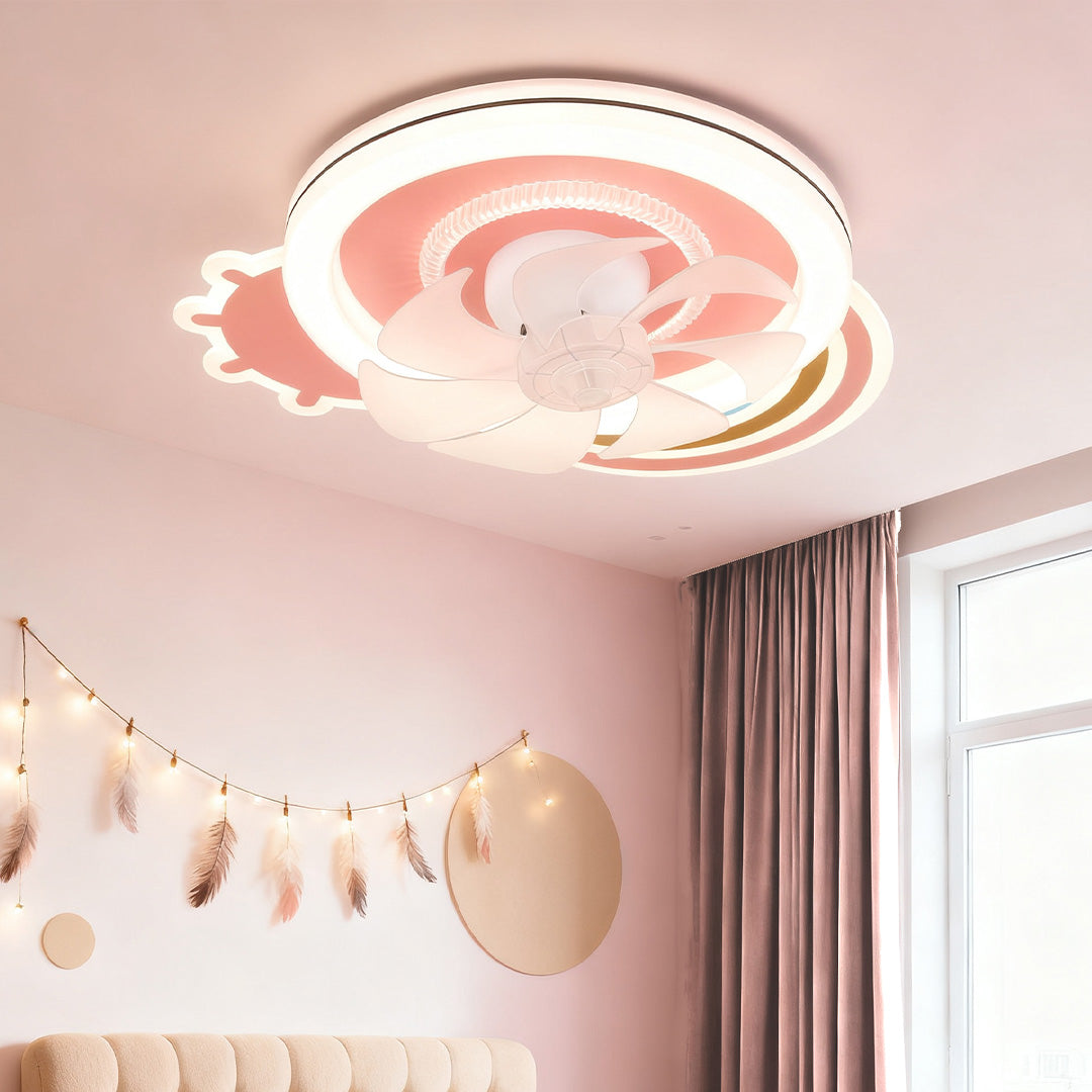 Stylized flower beautiful ceiling fans with lights in a girl's pink bedroom with white headboard and whimsical decorations. 