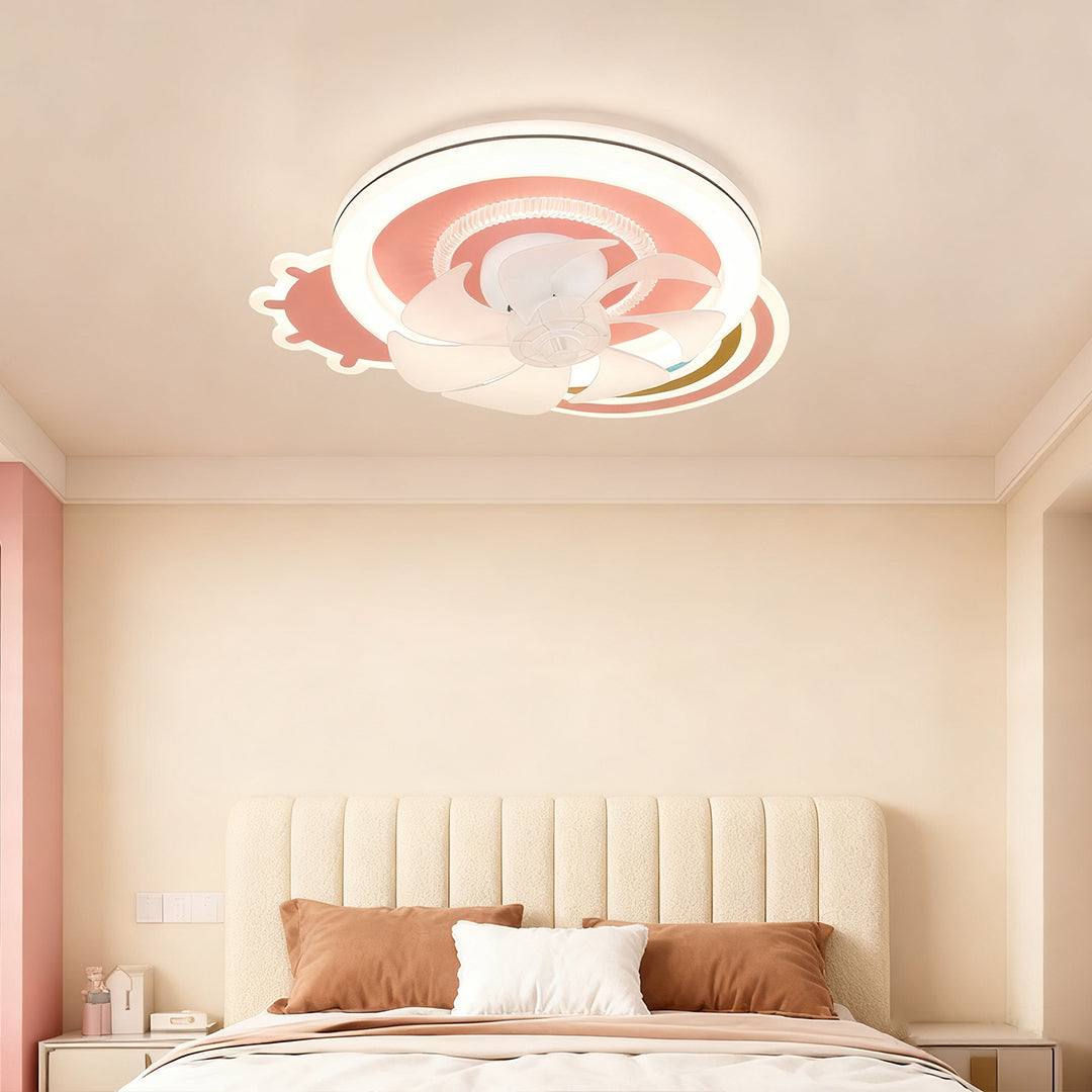 Subtle lighting from the decorative beautiful ceiling fans with lights illuminating a cozy bedroom with warm-toned bedding and wall paint. 