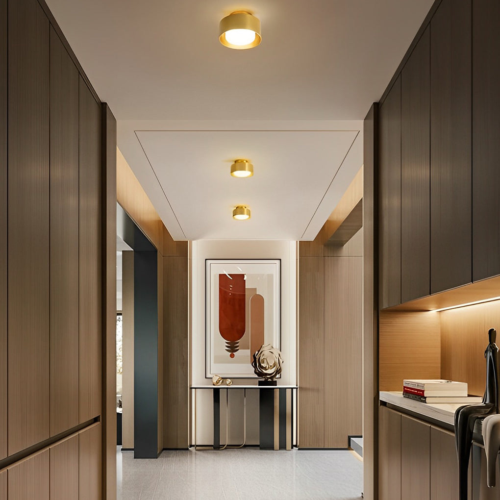 Surface mounted LED downlight illuminating a modern kitchen hallway with wooden cabinets.