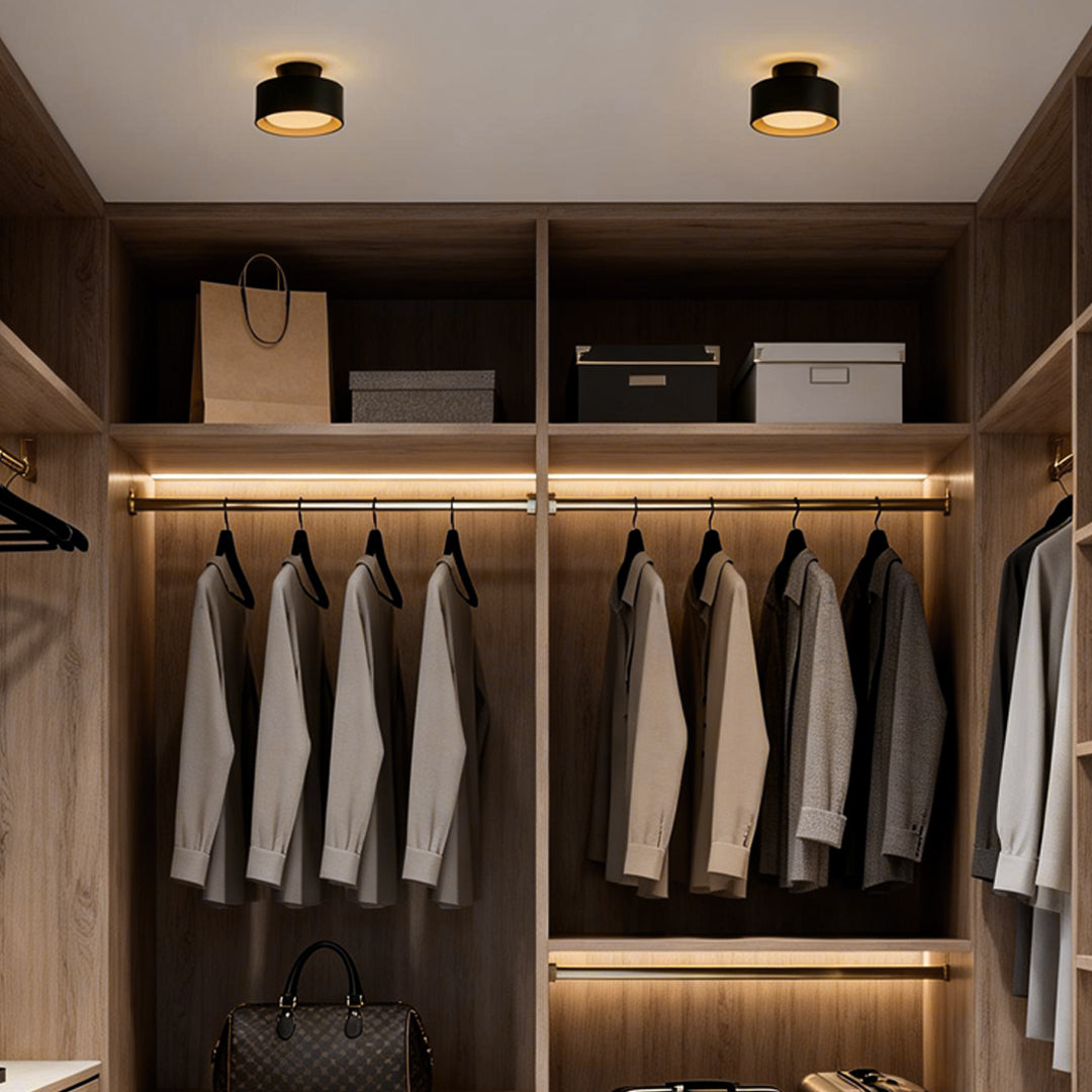 Surface mounted LED downlight illuminating a modern walk-in closet with wooden shelves and hanging clothes.