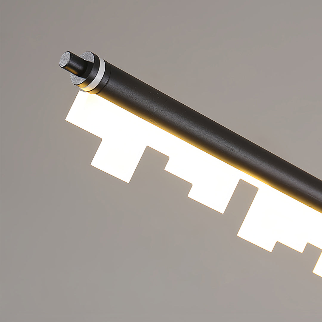 Suspended black metal pendant light with architectural LED strips in contemporary kitchen design