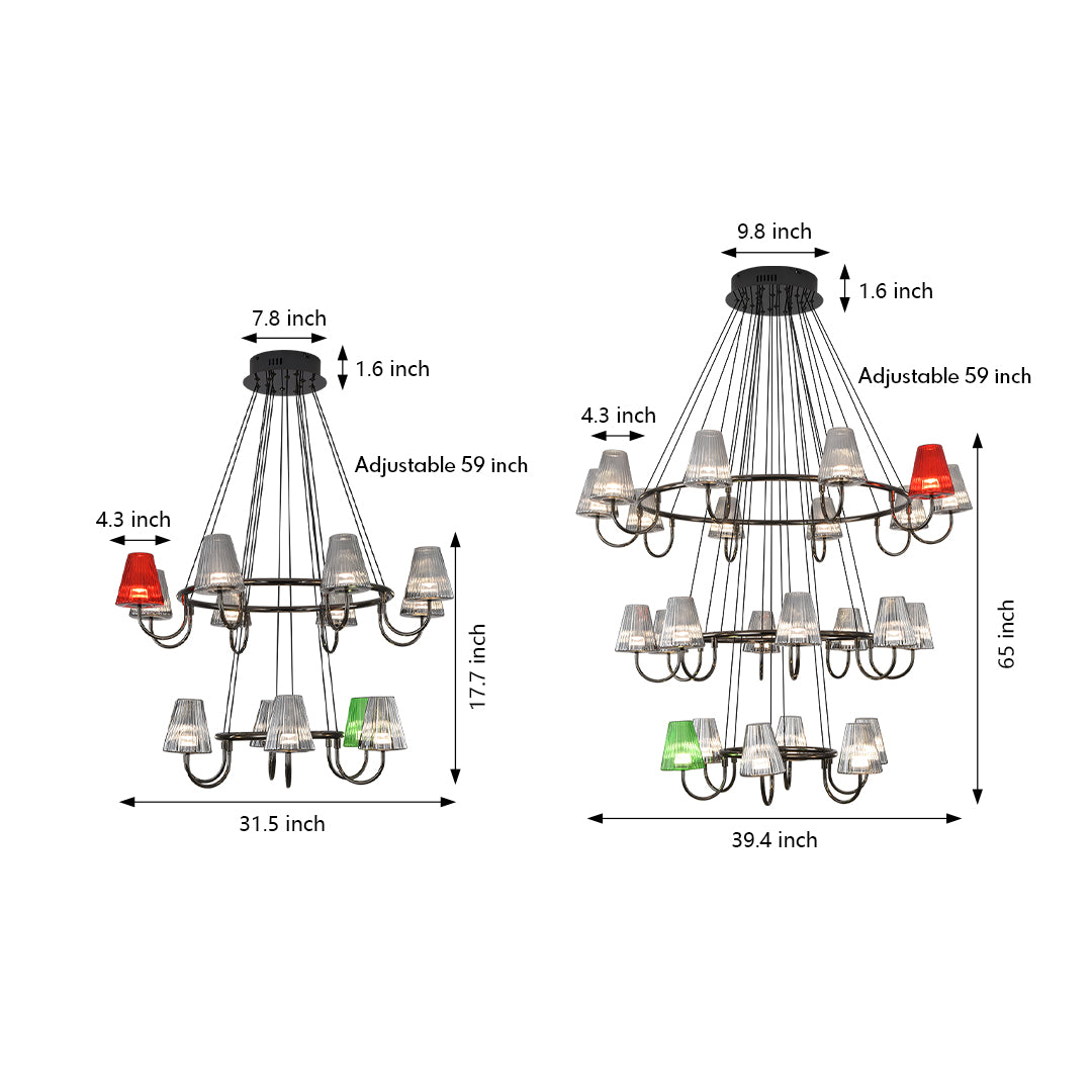Detailed technical drawing with measurements and specifications for suspended chandelier installation