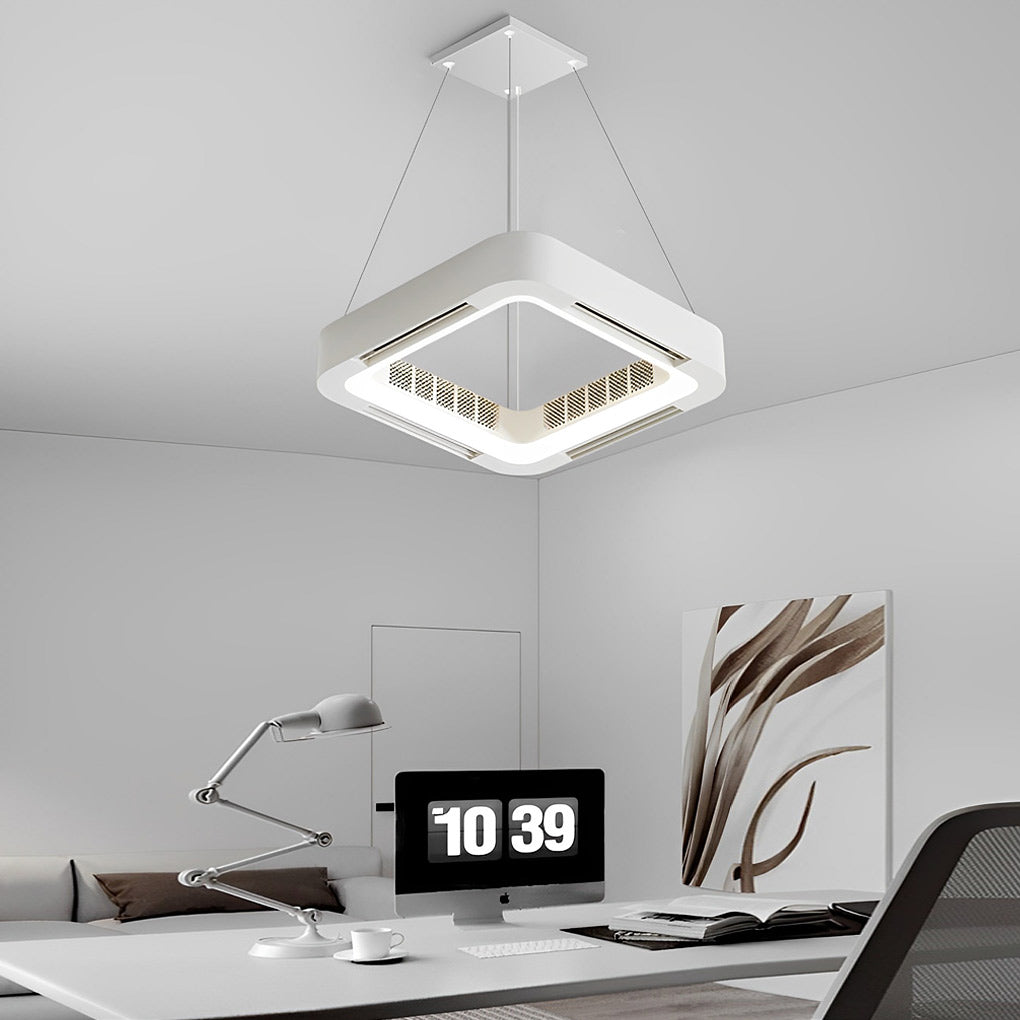 Low profile bladeless ceiling fan with light, suspended above study desk for contemporary and functional workspace lighting.