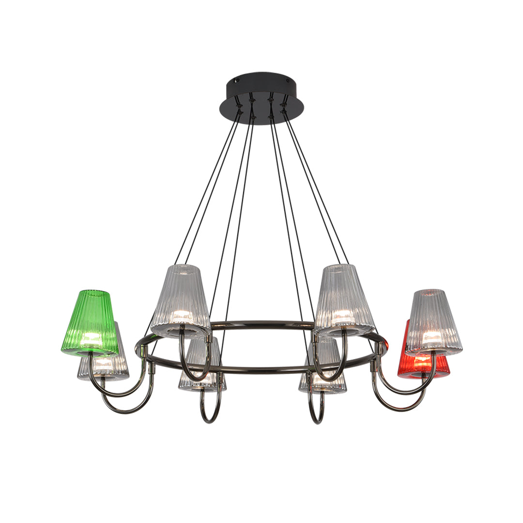 Suspended metal chandelier with six colorful glass shades in green, red, and clear suspended from ceiling mount