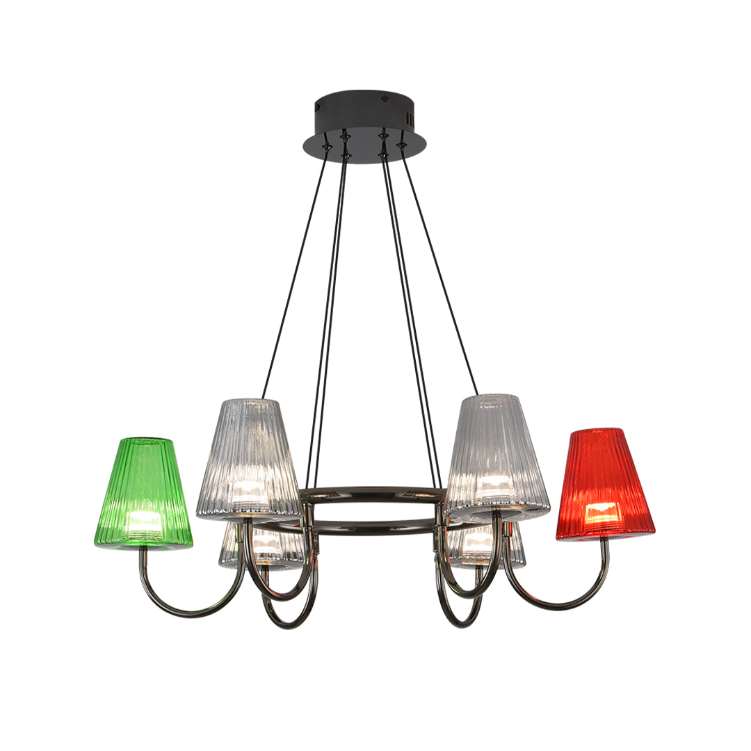 Suspended metal chandelier with six colorful glass shades in green, red, and clear suspended from ceiling mount