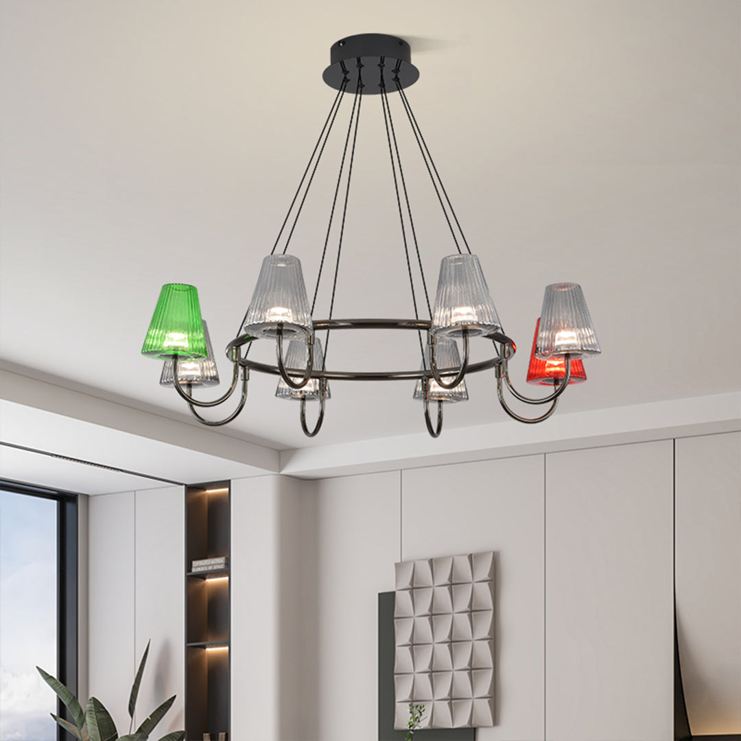 Suspended metal chandelier with six colorful glass shades in green, red, and clear suspended from ceiling mount