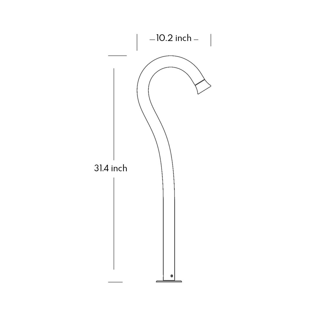 Technical drawing with specifications for curved swan-neck pathway light fixture design