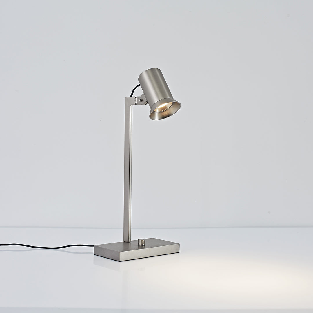 compact nickel desk lamp with directional metal shade