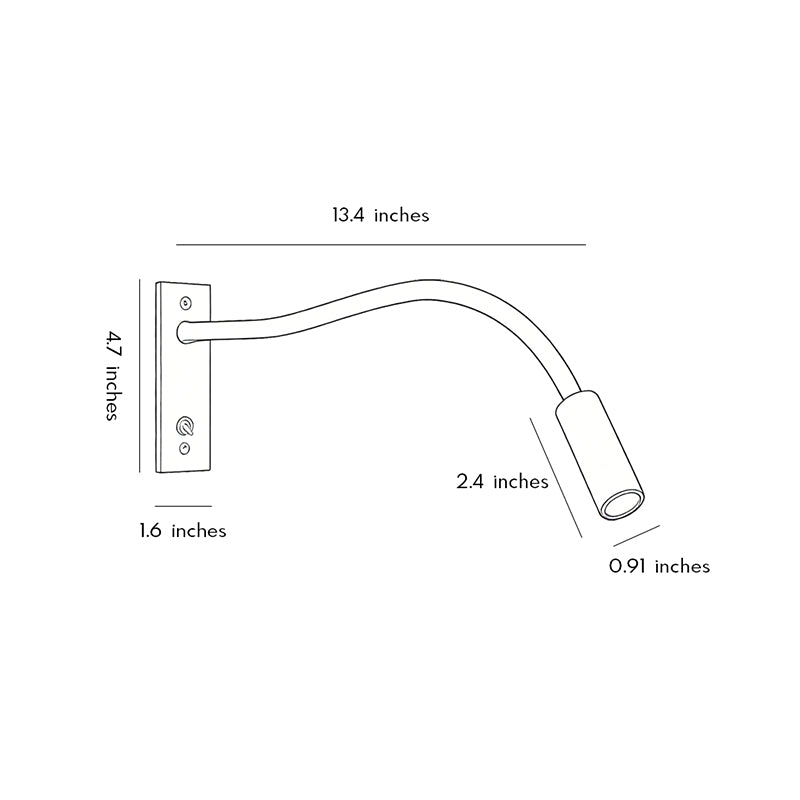Dimension drawing of swing arm wall mount light showing flexible arm measurements.
