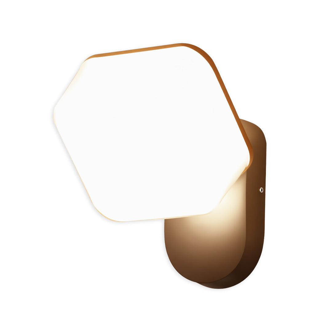 Bronze-mounted swing wall light with matte white hexagon front panel for decorative ambient lighting.
