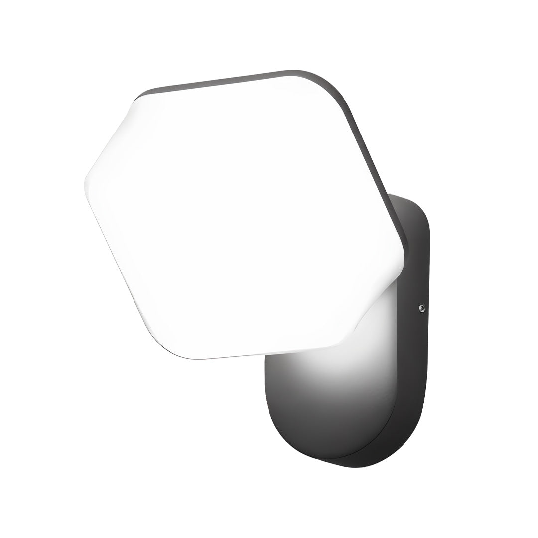 Compact bronze-trim swing wall light with white hexagon panel designed for modern outdoor or indoor use.