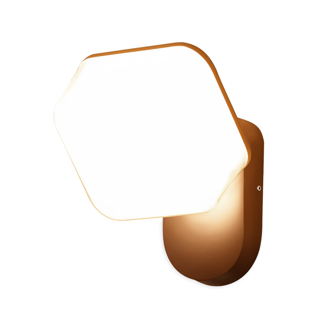 Bronze-accent swing wall light featuring a hexagon panel and warm modern aesthetic for indoor or outdoor use.