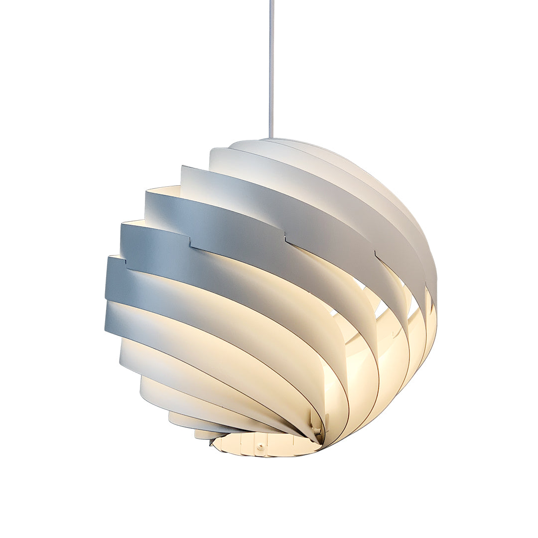 White and gray swirl pendant light with smooth curved layers and modern finish.